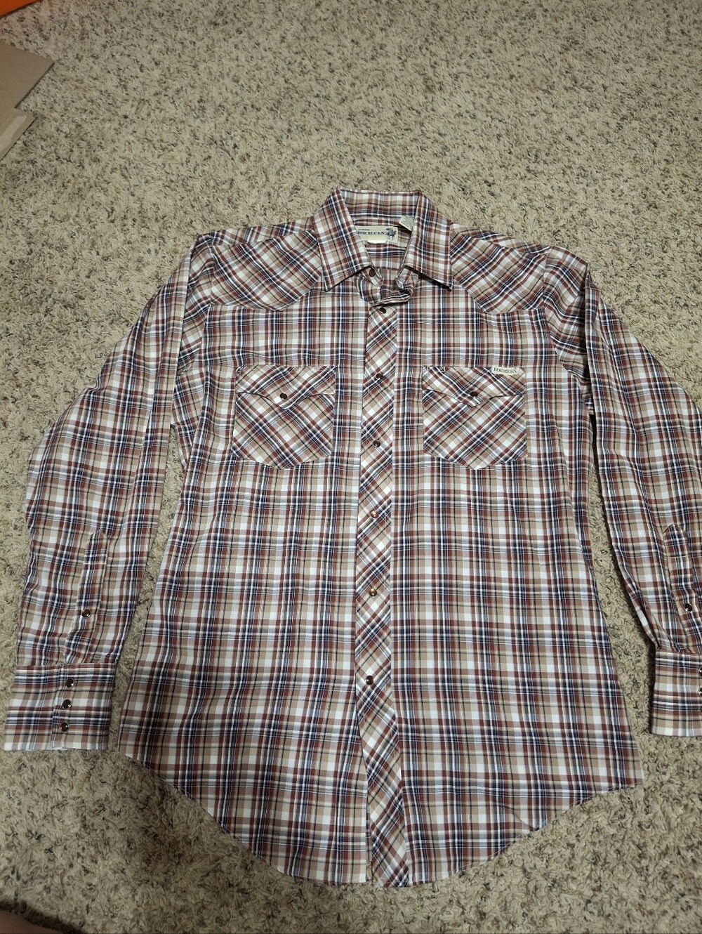 ROEBUCKS Men's Plaid Western Shirt - Brown & Blue. Vintage.